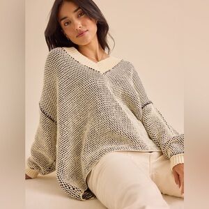 Free People Maisie V-Neck Sweater in Black and Cream Oversized Fit Bohemian